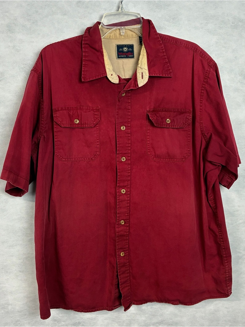 Vtg Wrangler Premium Quality Men XL Short Slv Button Up Shirt Maroon Red Stain